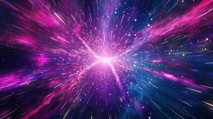 A vibrant digital illustration of hyperspace travel, with streaks of pink and blue light simulating high-speed motion through a star-filled galaxy.