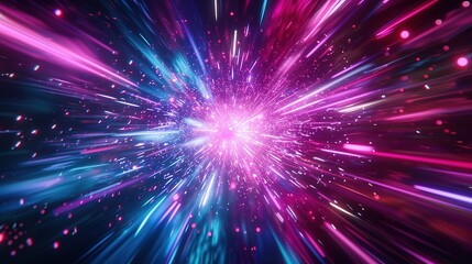 Digital art depiction of a hyperdrive being activated, propelling through deep space with a burst of vibrant pink and blue streaks.