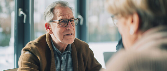 An elder gentleman engages in a meaningful conversation, his face a map of experience and wisdom