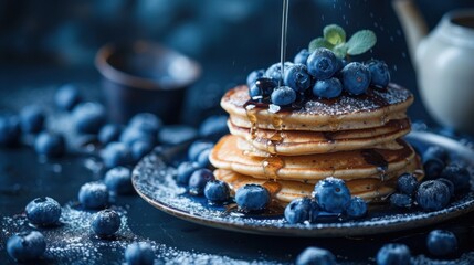gluten free vegan blueberry pancakes, blueberries on top of pancakes and around, for the restaurant menu