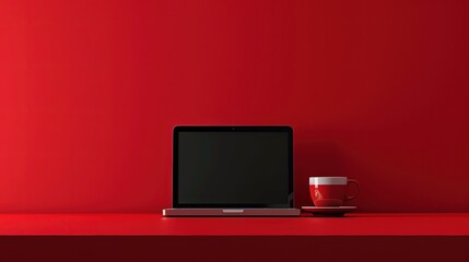 Sleek laptop with a matching red coffee cup on a clean red background, embodying a minimalist and modern workspace.