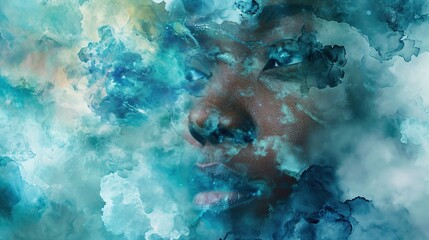 A striking visual artwork blending a human portrait with abstract watercolor clouds in shades of blue, conveying depth and emotion.