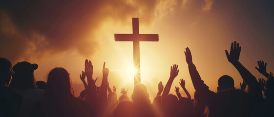 Worshippers gather at sunset, silhouetted against a glowing cross, a moment capturing devotion and communal belief.