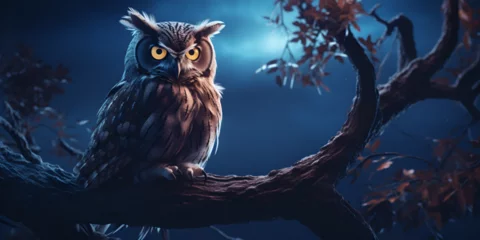 Poster An owl sits right on a tree branch and looks at the camera, Owl In The Night,  © Chanda