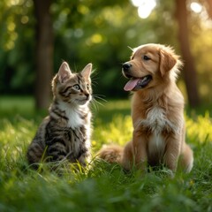 A kitten and a puppy sitting together on grass, bathed in soft sunlight, showcasing a moment of animal friendship.