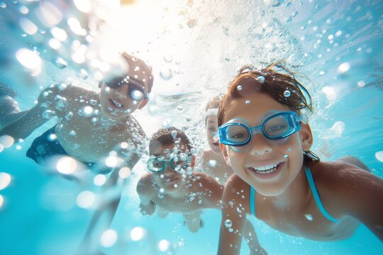 friends playing underwater in a sunlit pool, with bubbles trailing behind them. 