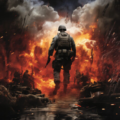 Naklejka premium feuer, frau, soldat, krieg, qualm, halloween, militär, gefahr, fantasie, nacht, feuerwehrmann, entsetzen, leute, person, flame, heiss, dark, explosion