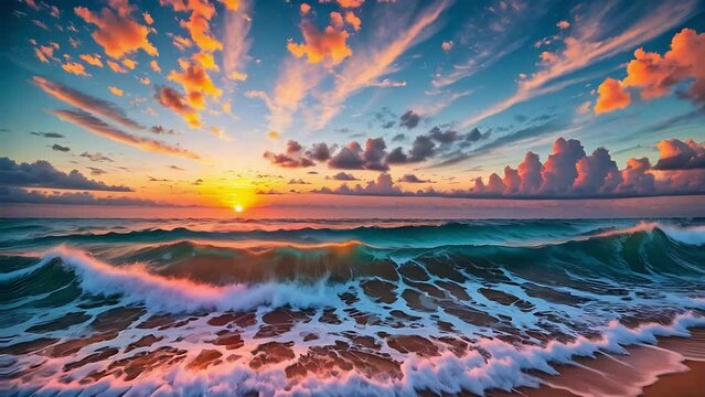Ocean waves at sunset with vibrant skies and clouds. Concepts of nature beauty, tranquil evenings, and the power of the ocean.