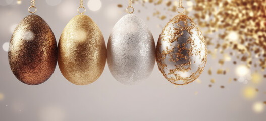 Easter Banner. Decorative Golden and silver easter eggs with glitter hanging on bokeh background....