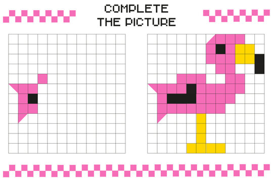 Complete the picture, complete the grid image. Coloring cellular areas. Children's games. Cartoon vector illustration. Pink flamingo.
Educational cards for children. Pixel art. Mosaic for children.