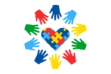 World Autism Awareness Day vector. Puzzle heart and children colored hands around, hand prints palms