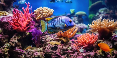Foto op Canvas Blue aquarium fish swims in water. Seabed with ocean inhabitants. Ocean fish among corals © Grispb