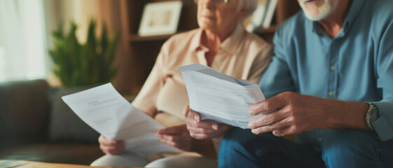 Seniors review important documents together, demonstrating partnership and shared responsibility in financial planning - obrazy, fototapety, plakaty