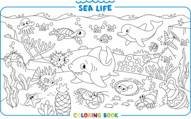 Sea theme. Big coloring book set. Kids vector