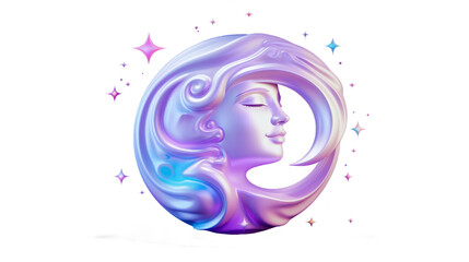 Moon shaped like a woman and stars. 3D solid fluid holographic on white or transparent background.
