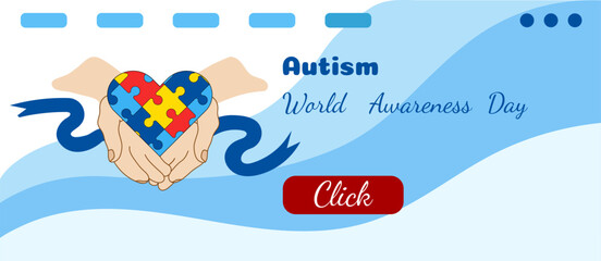 Horizontal Border World Autism Awareness Day. Vector banner with puzzle heart in hands, blue ribbon.
