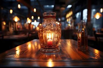 Candle in a glass vase on a wooden table in a restaurant - Powered by Adobe