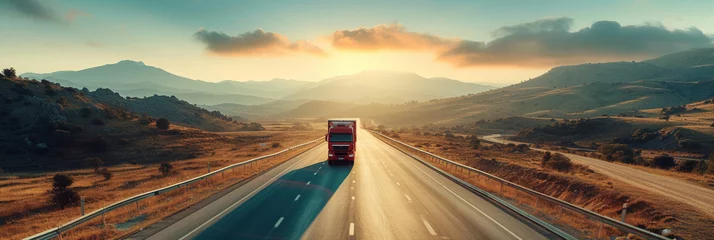 Fotobehang Red Semi Truck on Highway with Mountains at Sunset © swissa