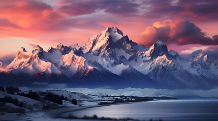 Panoramic view of snow capped mountains at sunset in Alaska.