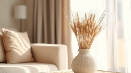 modern living room, a vase filled with wheat straw in front of a couch,