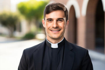 Portrait of a smiling young catholic priest standing outside the church - obrazy, fototapety, plakaty