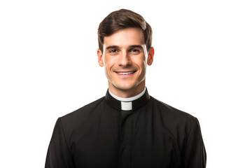 portrait of smiling catholic priest isolated on white background - obrazy, fototapety, plakaty