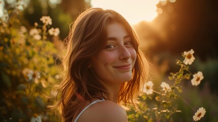Beautiful young woman in the rays of the sun against a background of flowers and greenery. Summer portrait of a girl