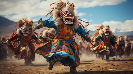 Tsam dance. Vibrant Tsam dance performance, showcasing colorful Mongolian costumes and masks in a ceremonial ritual. - obrazy, fototapety, plakaty
