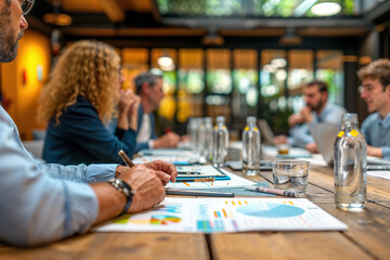 Fototapeta premium Diverse Group of People Sitting Around a Wooden Table in a Business Setting.