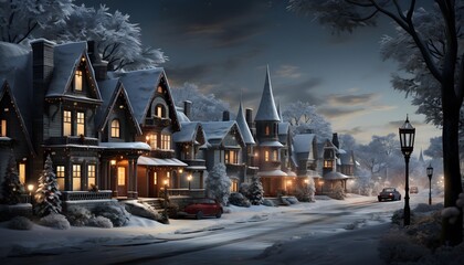 Winter landscape with snowy houses and street lights. Panoramic image. - obrazy, fototapety, plakaty