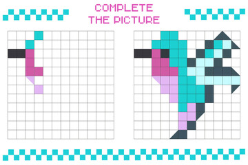 Complete the picture, complete the grid image. Coloring cellular areas. Children's games. Cartoon vector illustration. Hummingbird.
Educational cards for children. Pixel art. Mosaic for children.
