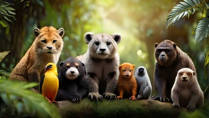 Group of wildlife animals in the jungle together. Generated AI