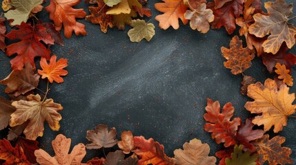 Autumn decorative dark background or frame with copy space for text with autumn oak leaves 