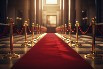 Red carpet on the background of the interior of the hotel. The concept of luxury and success.