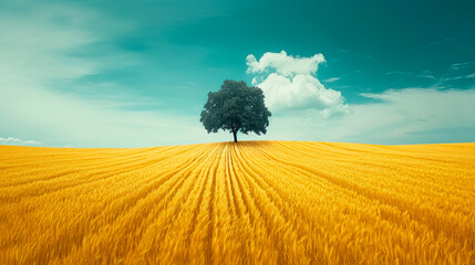 Gold wheat flied panorama with a single tree , rural countryside.