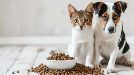 Cat and dog stand and look in camera, posing for animal food