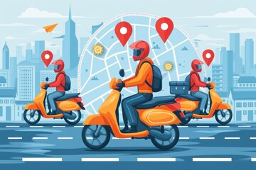 Customers ordering on mobile application, Fast delivery with motorcycles. 