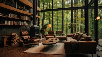 Mid century loft home interior design of modern living room in house in forest