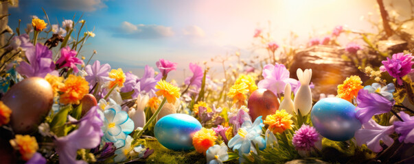 Bright Easter eggs among flowers of daffodils and tulips on delicate background. Easter decor, spring holidays. Family traditions