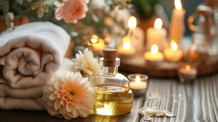 Fototapeta na wymiar Spa or massage centre table top objects - aroma oil in the bottle, candles, towels and decorative flowers 
