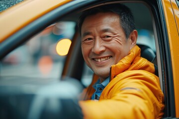 Portrait of happy Chinese taxi driver in yellow car smiling and looking at camera