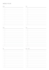 A weekly plan design template in a modern, simple, and minimalist style. Note, scheduler, diary, calendar, planner document template illustration.