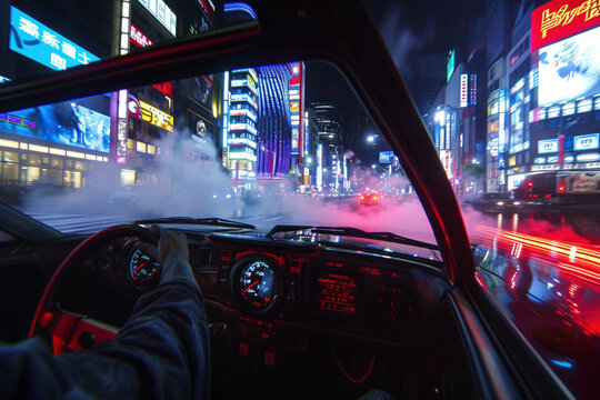 Hyper-realistic Tokyo night: Drift car, neon lights, skyscrapers, and smoke create an exhilarating urban scene.
