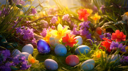 Obraz na płótnie Canvas Easter Pho with Colorful Easter eggs among blooming spring flowers under the rays of the sun. Easter celebration, family activities, natural beauty, children's joy, home decoration
