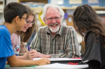 Shared learning and happiness in a library, with a professor cheerfully assisting high school students in their academic pursuits