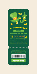 St. Patrick's Day celebration party ticket template. Invitation background decorated with a green leprechaun hat, shoe and coins. Vector 10 EPS.