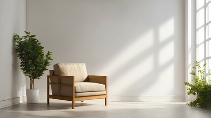 Fototapeta premium White living room interior with chair and copy space on the wall. Mock-up for a painting or poster. 
