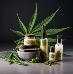 beauty creams with cannabis buds, Moisturizing cream, Serum, lotion on grey and black background