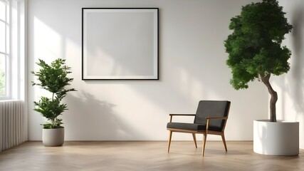 Mockup for poster in living room with gray chair and plant. Copyspace in frame for the poster.