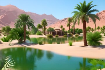 Fototapeta na wymiar Desert-oasis-with-a-tranquil-pond-surrounded-by-lush-green-palms-and-a-solitary-tree